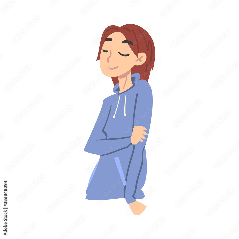 Teen Girl Thinking up an Idea with Happy Facial Expression and Closed Eyes, Teenager Dreaming about Something Cartoon Style Vector Illustration Teen Girl Thinking up an Idea with Happy Facial Expression and Closed Eyes, Teenager Dreaming about Something Cartoon Style Vector Illustration