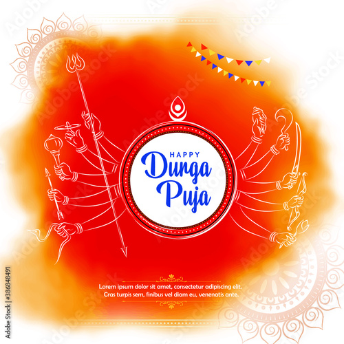 Happy Durga Puja Festival Background with Goddess Durga Hands, Trident and Stylish Text for Hindu Religious Festival Durga Puja or Navaratri. Line art Vector Illustration.