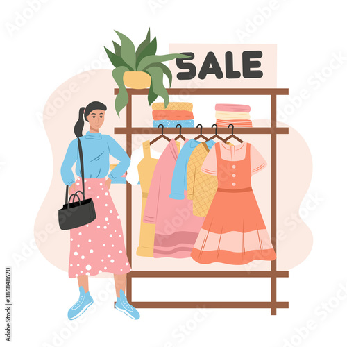 Shopping store card design. Woman in fashionable clothes, textile, and accessorizes vector cartoon illustration.