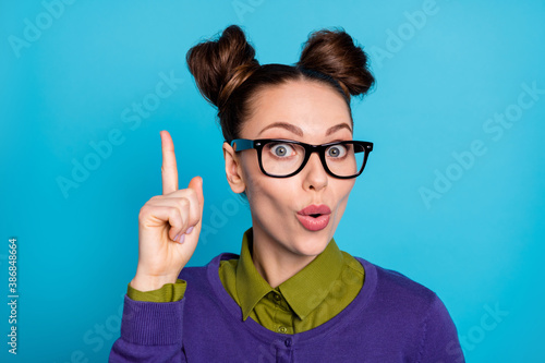 Close-up portrait of her she nice attractive intellectual brainy brown-haired girl find new solution isolated on bright vivid shine vibrant blue green teal turquoise color background