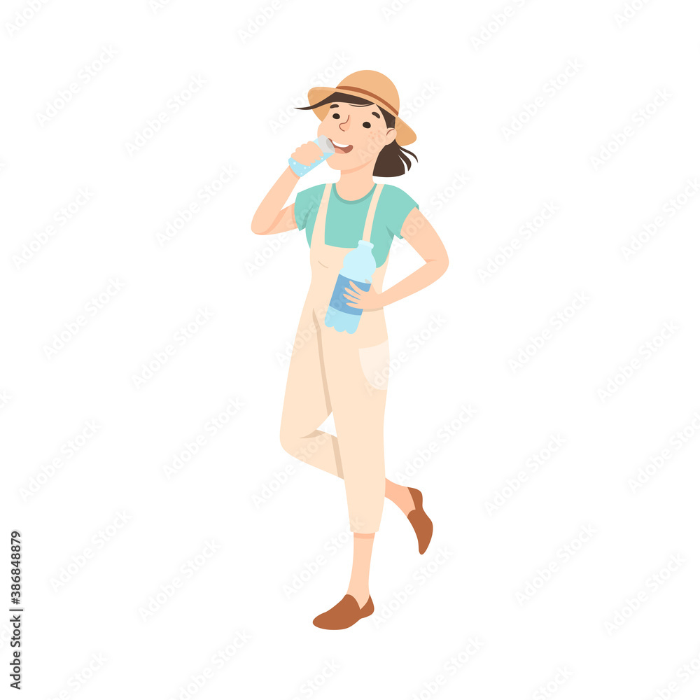Girl Drinking Clean Water from Plastic Bottle, Woman in Safari Outfit Quenching Thirst, Healthy Lifestyle Concept Cartoon Style Vector Illustration Girl Drinking Clean Water from Plastic Bottle, Woman in Safari Outfit Quenching Thirst, Healthy Lifestyle Concept Cartoon Style Vector Illustration