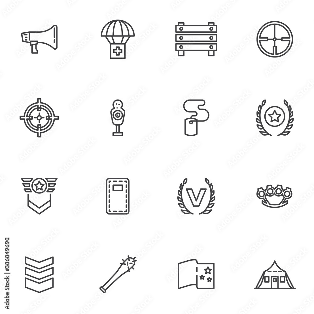Obraz premium Military line icons set, outline vector symbol collection, linear style pictogram pack. Signs, logo illustration. Set includes icons as sniper aim, target, military rank, shelter, security shield
