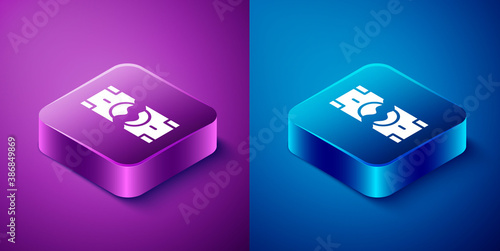 Isometric Tearing apart money banknote into two peaces icon isolated on blue and purple background. Square button. Vector.