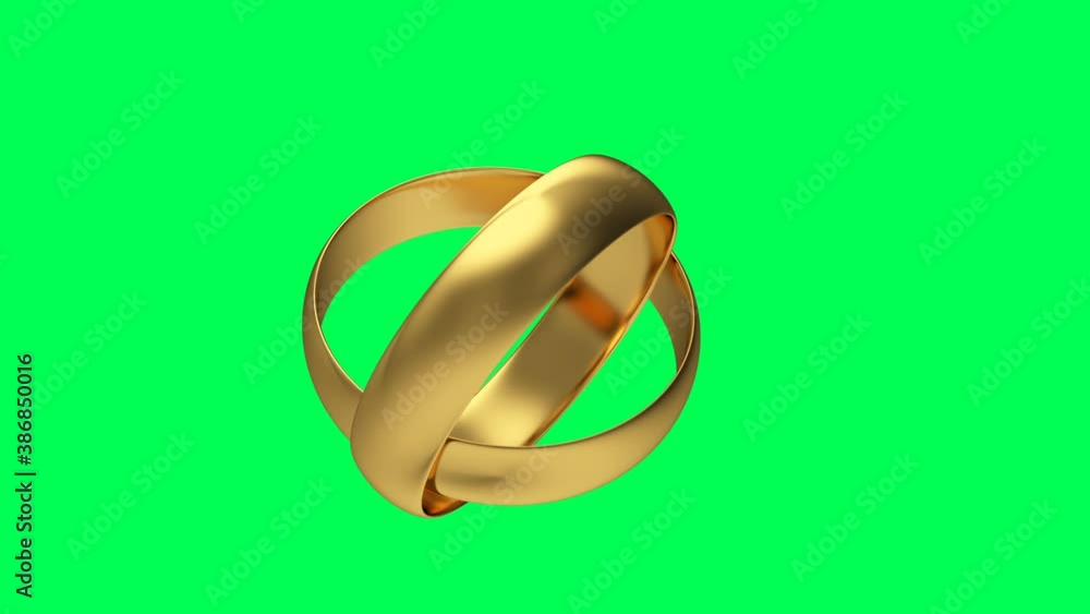 3D animation of rotation of two gold wedding rings isolated on green screen. 4K video. 3D animation of rotation of two gold wedding rings isolated on green screen. 4K video.