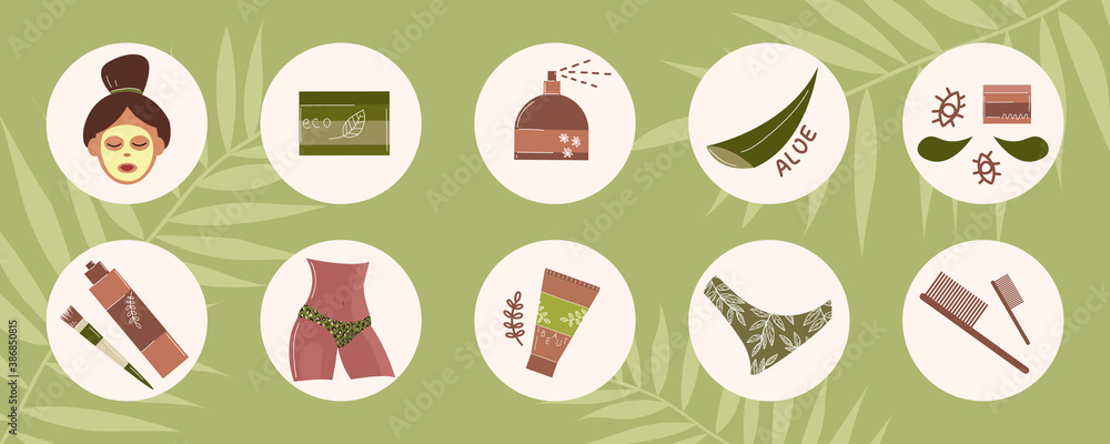 Beauty routine. Stories icons in flat style. Cosmetic items isolated. Face and body care .Vector stock illustration. Beauty routine. Stories icons in flat style. Cosmetic items isolated. Face and body care .Vector stock illustration.