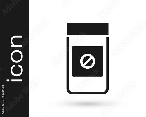 Black Sports doping, anabolic drugs icon isolated on white background. Anabolic steroids tablet. Pills in jar. Vector.