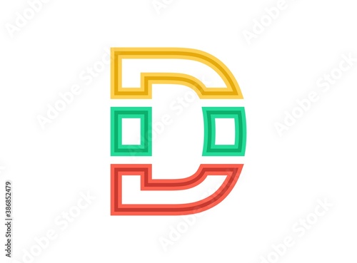 D letter logo, vector outline stroke font. Slice, cut design with red, green, yellow colors. For design element, creative poster, brand label, web template and more