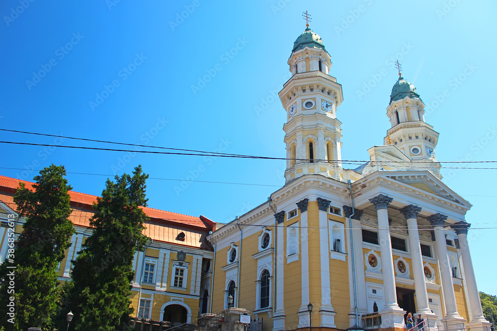 Greek Catholic Cathedral (also known as Holy Cross Cathedral) in Uzhgorod, Ukraine. This Baroque church is a landmark of the city of Uzhhorod. Built in 1646