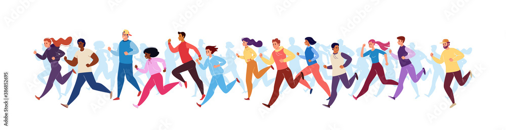Marathon Race. Running Men and Women in Tracksuits. Colored Isolated Trendy Characters Sportsmen. Vector Flat Cartoon Illustration.