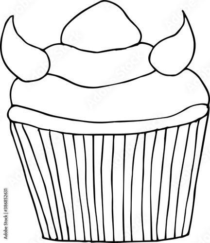 Vector doodle muffin with horns. Halloween candy, spooky sweets