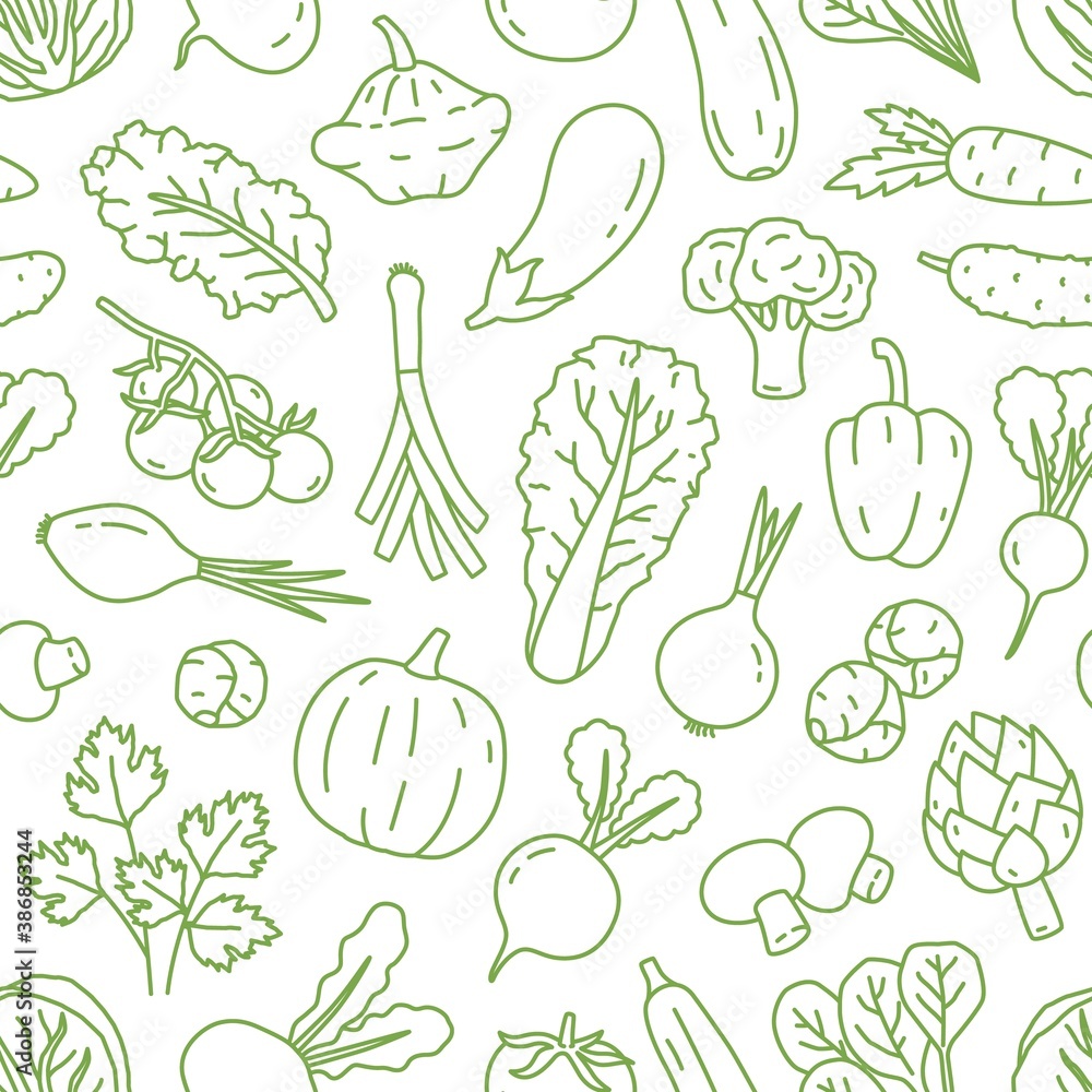 Monochrome line art seamless pattern with various organic vegetables. Repeatable background with healthy veggies and salad greens. Vector linear illustration