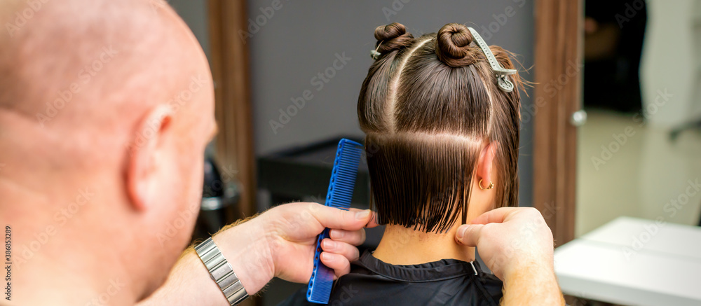 Fototapeta premium Male hairdresser cutting hair of young woman holding comb at hair salon. Rear view