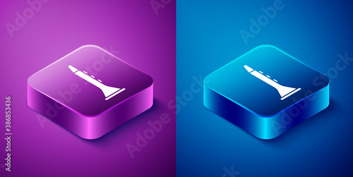 Isometric Clarinet icon isolated on blue and purple background. Musical instrument. Square button. Vector.