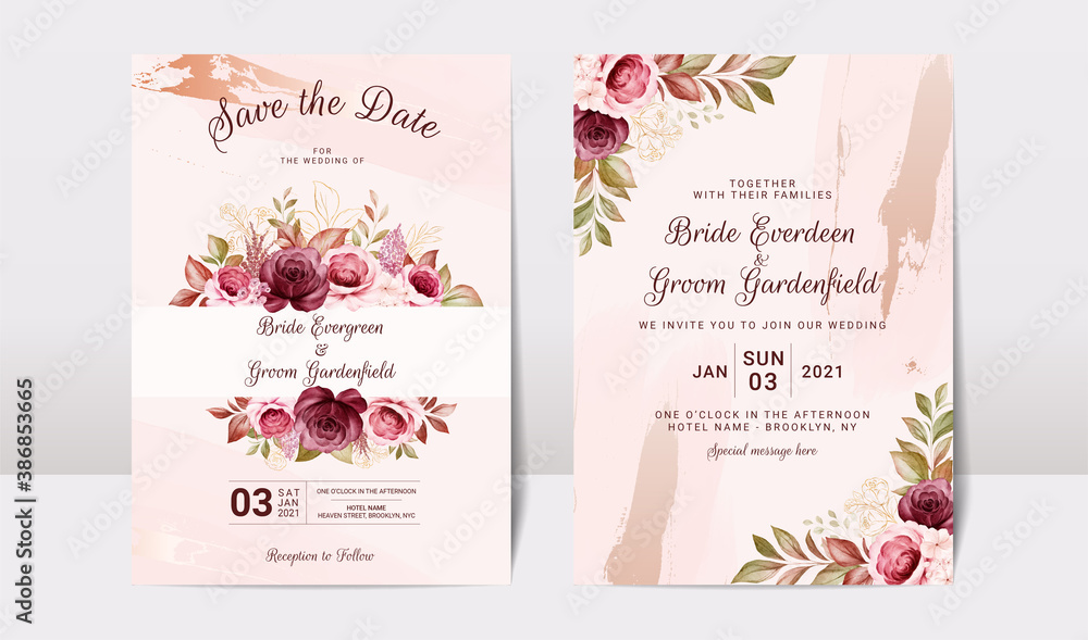 Naklejka premium Floral wedding invitation template set with gold burgundy and brown roses flowers and leaves decoration. Botanic card design concept