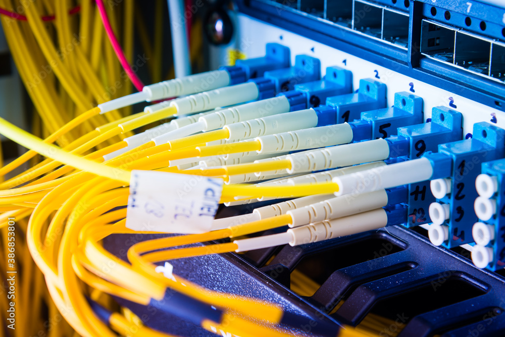 fiber optic cables connected into main data switch fiber optic cables connected into main data switch
