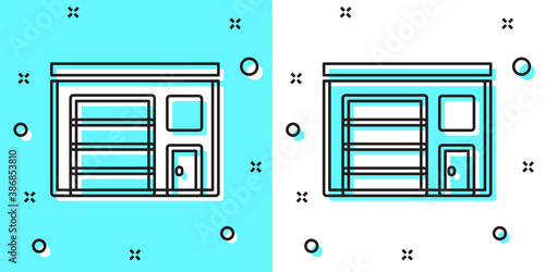 Black line Building of fire station icon isolated on green and white background. Fire department building. Random dynamic shapes. Vector.