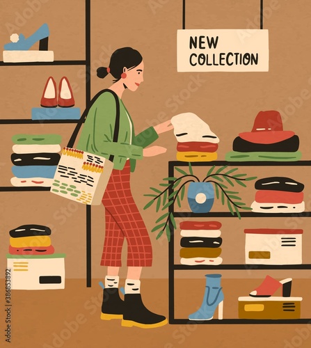 Trendy woman at mass market shop. Female character choosing clothes from new collection at boutique. Consumer shopping at fashion store. Flat vector cartoon illustration.
