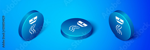 Isometric Smoke alarm system icon isolated on blue background. Smoke detector. Blue circle button. Vector.