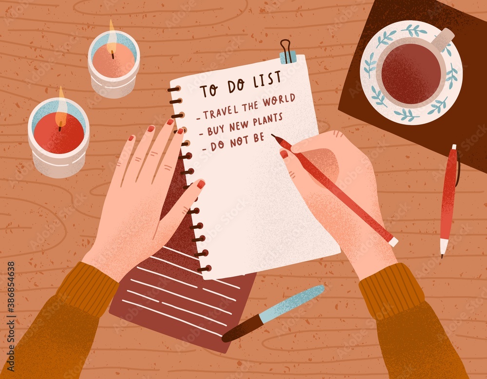 Desk with candles, a cup of coffee on it and woman's hands writing plan in notebook. Person filling to do list with goals and aims. Colorful vector flat cartoon top view illustration - obrazy, fototapety, plakaty 