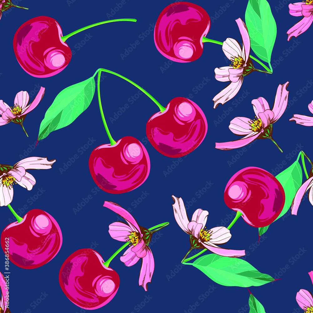 Beautiful cherries. Beautiful summer pattern with fruits and butterflies. Butterflies on cherries. Print for textile