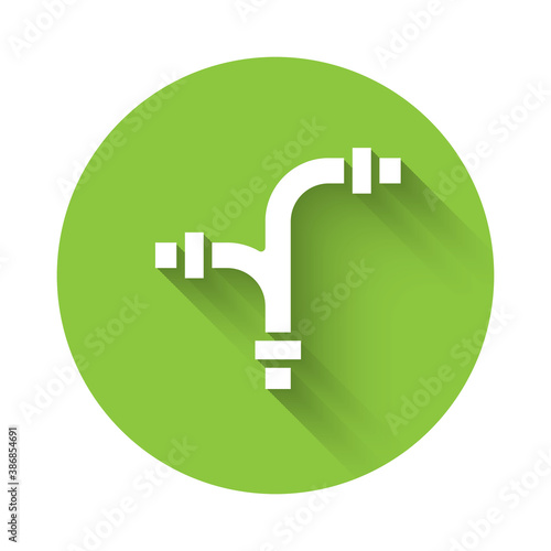 White Industry metallic pipe icon isolated with long shadow. Plumbing pipeline parts of different shapes. Green circle button. Vector.