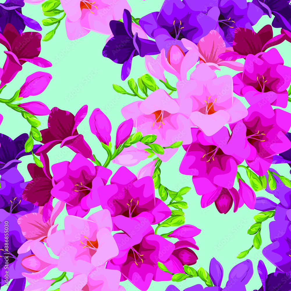 Freesia flowers pattern. Vector flowers. Pattern for printing on fabric. Butterflies on the flowers. Summer pattern Freesia flowers pattern. Vector flowers. Pattern for printing on fabric. Butterflies on the flowers. Summer pattern