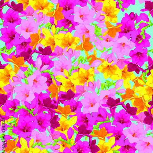 Fototapeta Naklejka Na Ścianę i Meble -  Freesia flowers pattern. Vector flowers. Pattern for printing on fabric. Butterflies on the flowers. Summer pattern
