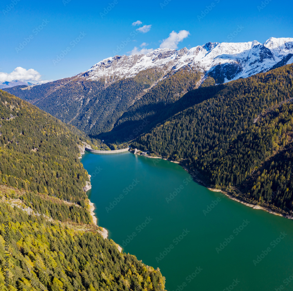 Aerial view of Lake Belviso, in Valtellina, Italy