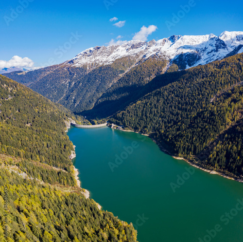 Fototapeta Naklejka Na Ścianę i Meble -  Aerial view of Lake Belviso, in Valtellina, Italy