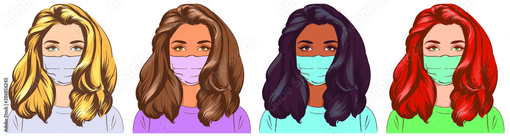 A group of people wearing medical masks to prevent disease, flu, air pollution, viruses, polluted air, world pollution. Vector illustration in a flat style. Pretty girl, nurse. Beautiful hair A group of people wearing medical masks to prevent disease, flu, air pollution, viruses, polluted air, world pollution. Vector illustration in a flat style. Pretty girl, nurse. Beautiful hair