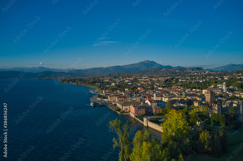 Lazise town, lake garda, Italy. Panoramic aerial view of the Scaligero Castle of Lazise. Italian resort on Lake Garda top view.
