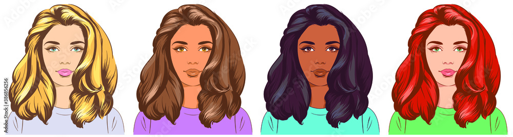 A group of women. Vector illustration in a flat style. Beautiful girl with lush, flying hair A group of women. Vector illustration in a flat style. Beautiful girl with lush, flying hair
