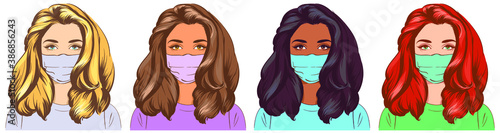 A group of people wearing medical masks to prevent disease, flu, air pollution, viruses, polluted air, world pollution. Vector illustration in a flat style. Pretty girl, nurse. Beautiful hair