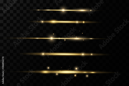 Gold horizontal lens flares pack. Laser beams, horizontal light rays. Glow transparent vector light effect set, explosion, shine, spark, solar flare.