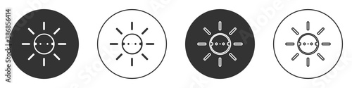Black Solar energy panel icon isolated on white background. Sun with lightning symbol. Circle button. Vector.