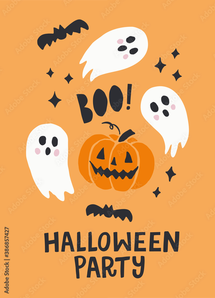Handwritten Halloween Party Cute Vector Design with Black Scary Bat Silhouettes, White Spooky Ghosts and Magical Stars on Orange Background. Hand Drawn Illustration. Ideal for Posters and Cards.