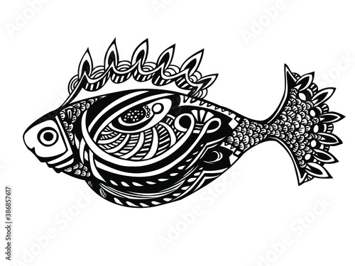 Fantasy fish illustration hand drawn with ink, zentangle style, doodle for meditation - black and white page for coloring, vector