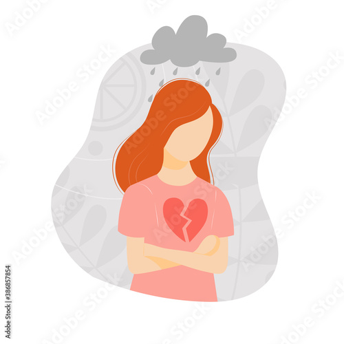 This is a girl who is very upset, sad, sad and crying. The girl lowered her head, stood in a closed position, heartbroken. A cloud over your head pours rain from feelings and emotions. Grey background