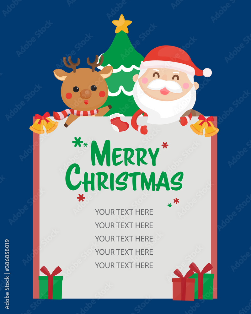 Fototapeta premium Christmas card with cartoon character, Merry Christmas template.