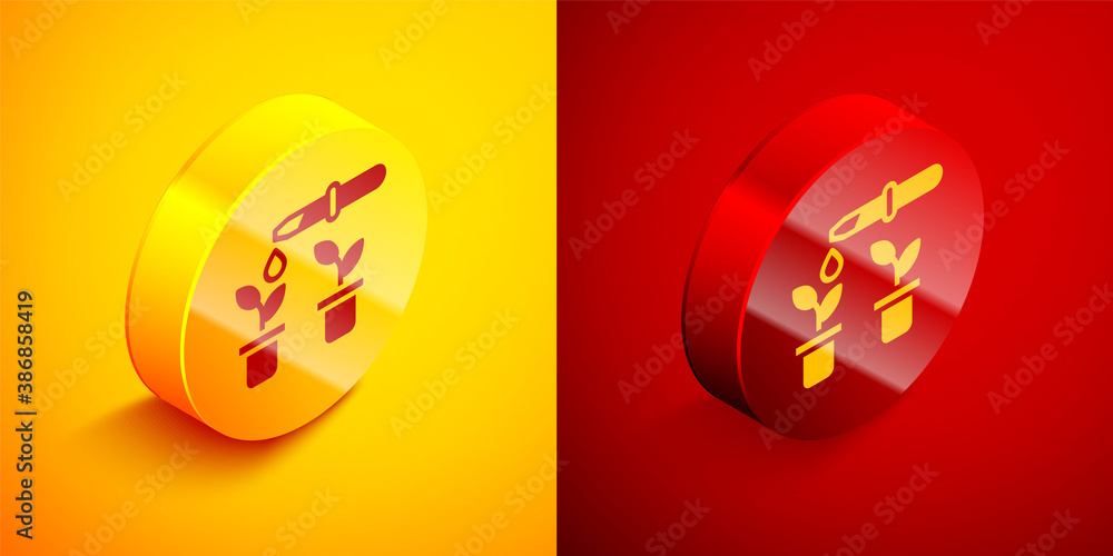Isometric Drop of water drops from pipette on plant icon isolated on orange and red background. Medical or agricultural experiments. Fertilizers and pesticides. Circle button. Vector. Isometric Drop of water drops from pipette on plant icon isolated on orange and red background. Medical or agricultural experiments. Fertilizers and pesticides. Circle button. Vector.