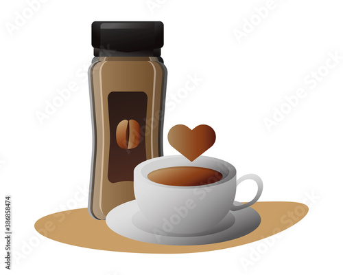 delicious coffee in ceramic cup and product bottle with heart