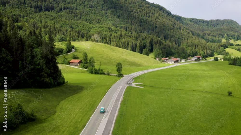 Aerial of Old Camper Van on Roadtrip through Beautiful Countryside Aerial of Old Camper Van on Roadtrip through Beautiful Countryside