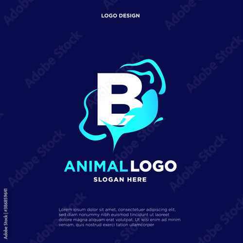 Dolphin Jumping Wave Corporate Logo Template. Letter B. Creative Design with Colorful Logotype. Vector Illustration.