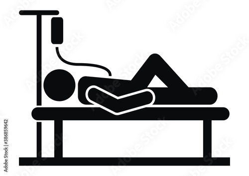 Person in hospital bed, infusion, black silhouette, vector icon.	