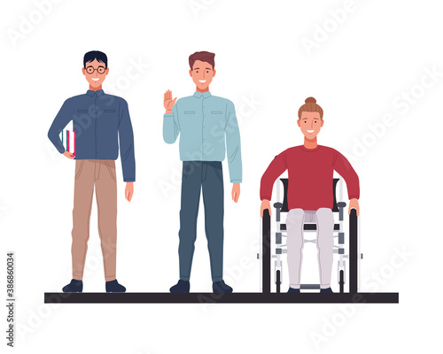 nerd with skinny men and man in wheelchair perfectly imperfect characters