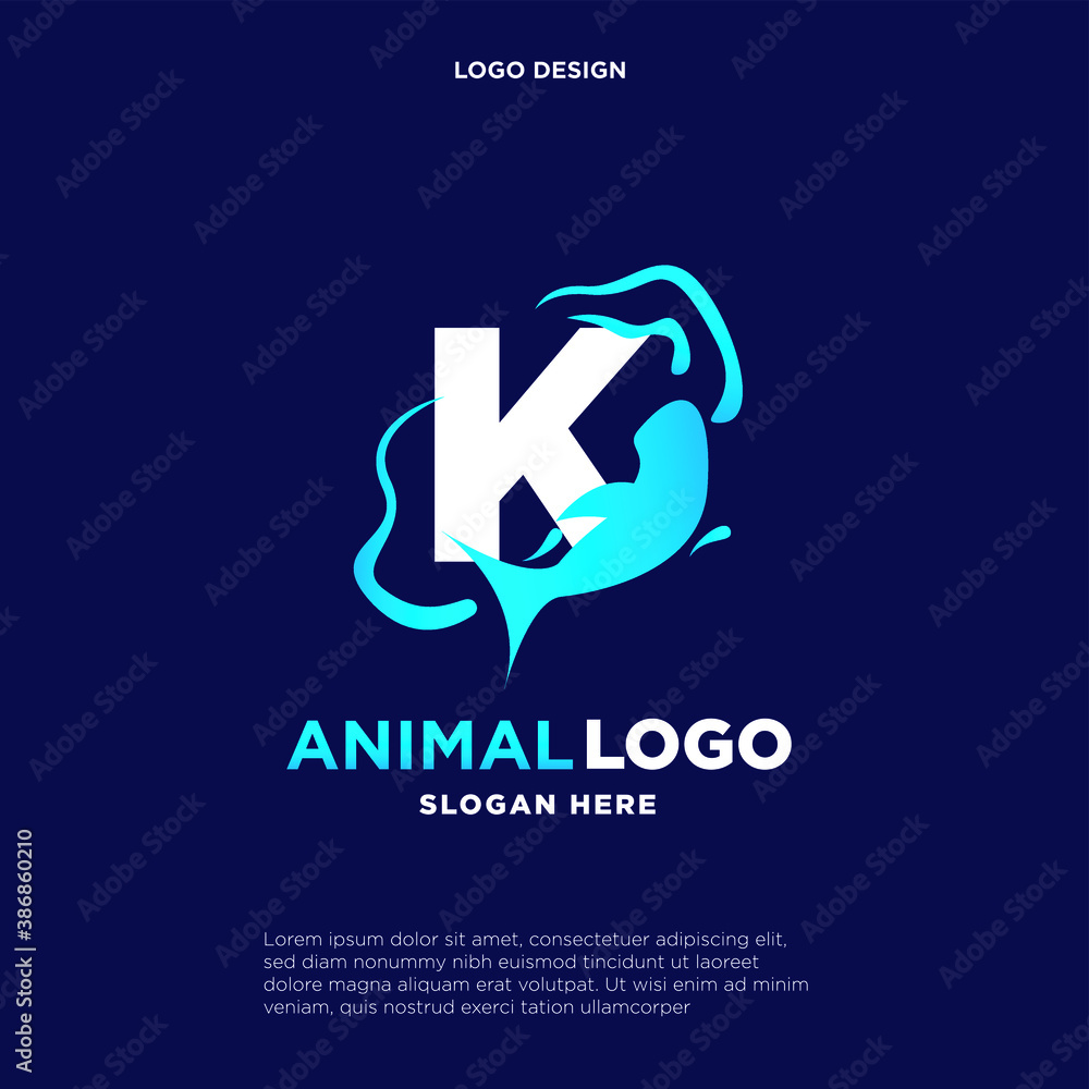 Dolphin Jumping Wave Corporate Logo Template. Letter K. Creative Design with Colorful Logotype. Vector Illustration. Dolphin Jumping Wave Corporate Logo Template. Letter K. Creative Design with Colorful Logotype. Vector Illustration.