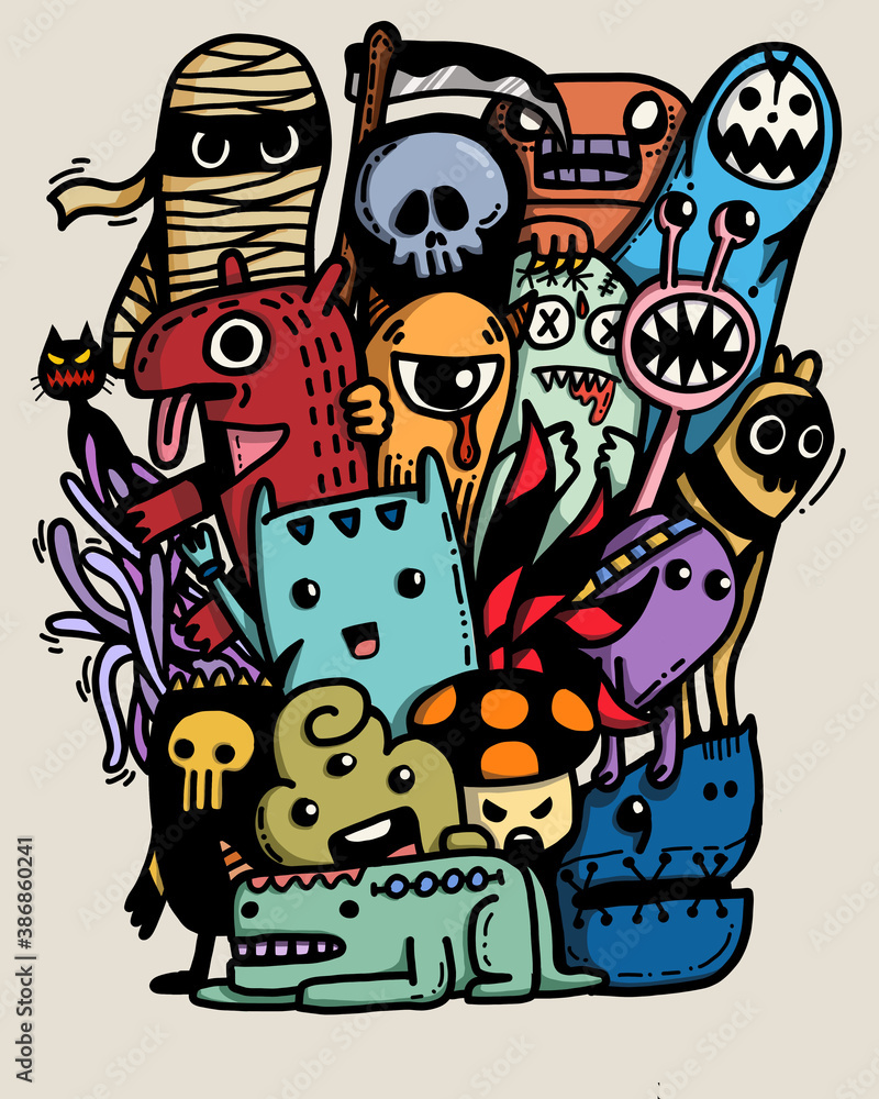 illustration doodle for spooky Halloween theme, cartoon of funny numerous monster of horror ghosts. quirky characters concept illustration doodle for spooky Halloween theme, cartoon of funny numerous monster of horror ghosts. quirky characters concept