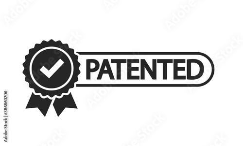 Patent stamp badge icon vector black and white, successfully patented licensed seal sign label isolated tag with check mark tick