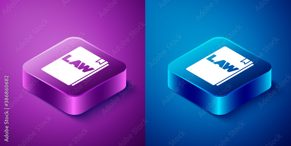 Isometric Law book icon isolated on blue and purple background. Legal judge book. Judgment concept. Square button. Vector. Isometric Law book icon isolated on blue and purple background. Legal judge book. Judgment concept. Square button. Vector.
