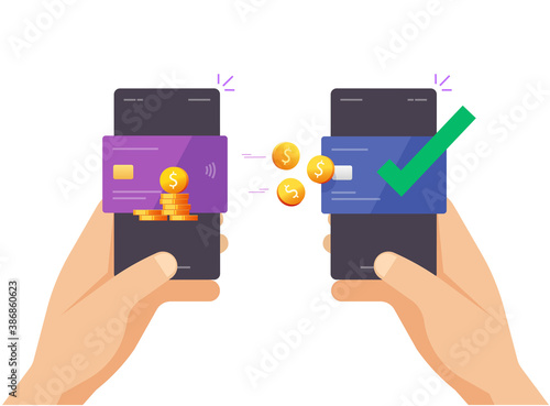 Mobile money send transfer from bank credit card to card vector, cash sending online via two phone smartphone in person man hands flat cartoon illustration, cellphone digital internet banking wallet